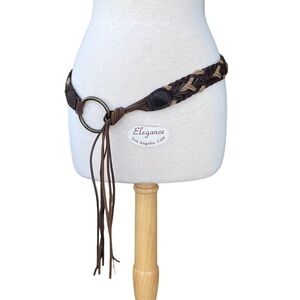 Braided Brown Leather Tie-Belt with Metal Ring